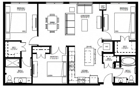 Floor plan for 3 beds, 2 baths, 1286 sqft